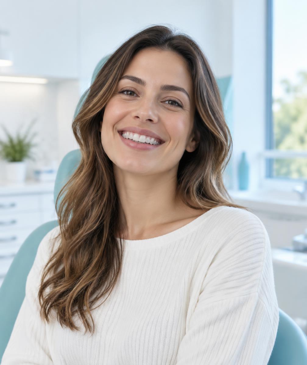 Paciente com um sorriso alinhado numa clínica de ortodontia